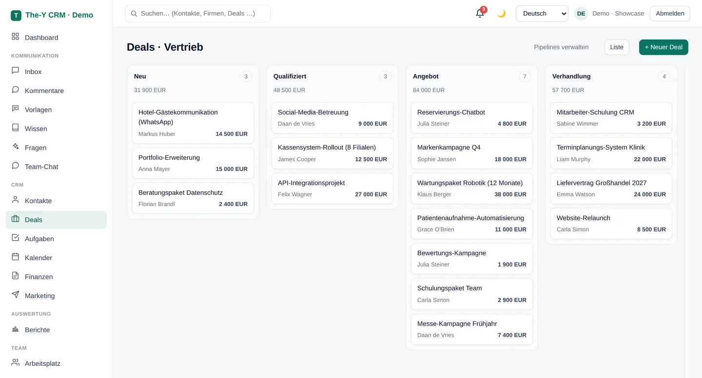 Screenshot: Deals als Kanban-Tafel in The-Y CRM mit Beispieldaten