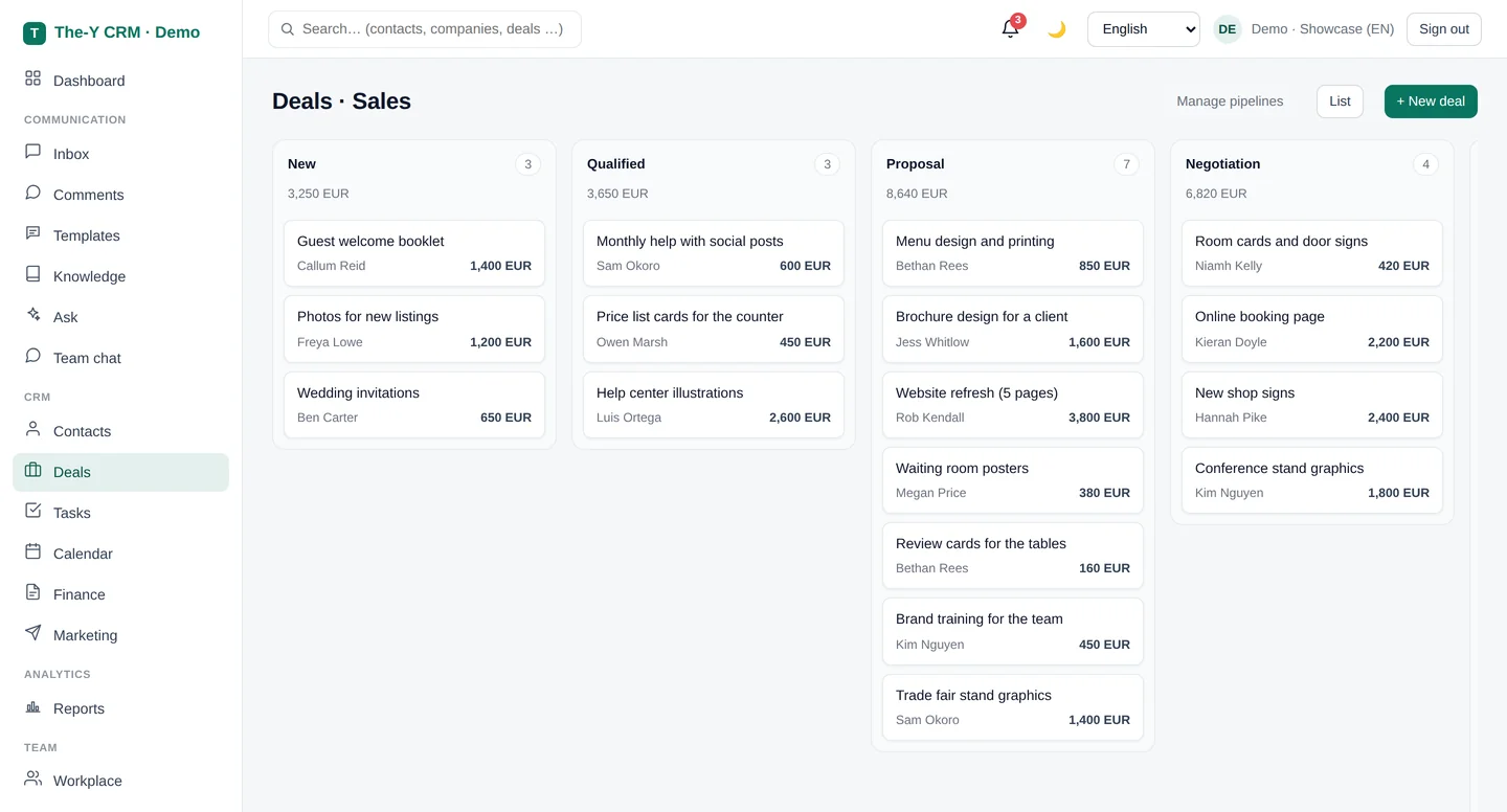 Screenshot: deals as a kanban board in The-Y CRM with sample data