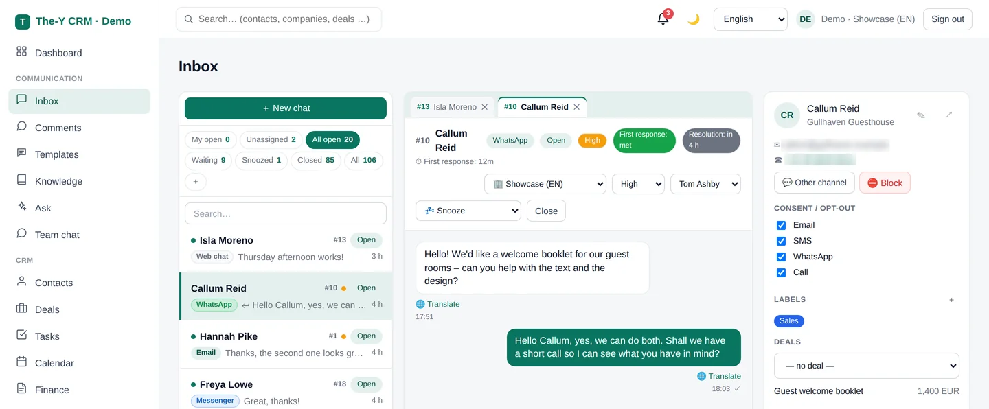The-Y CRM shared inbox with demo data: list of open conversations with filters such as My open and Unassigned, an open WhatsApp chat with the assigned agent, contact details and consent on the right