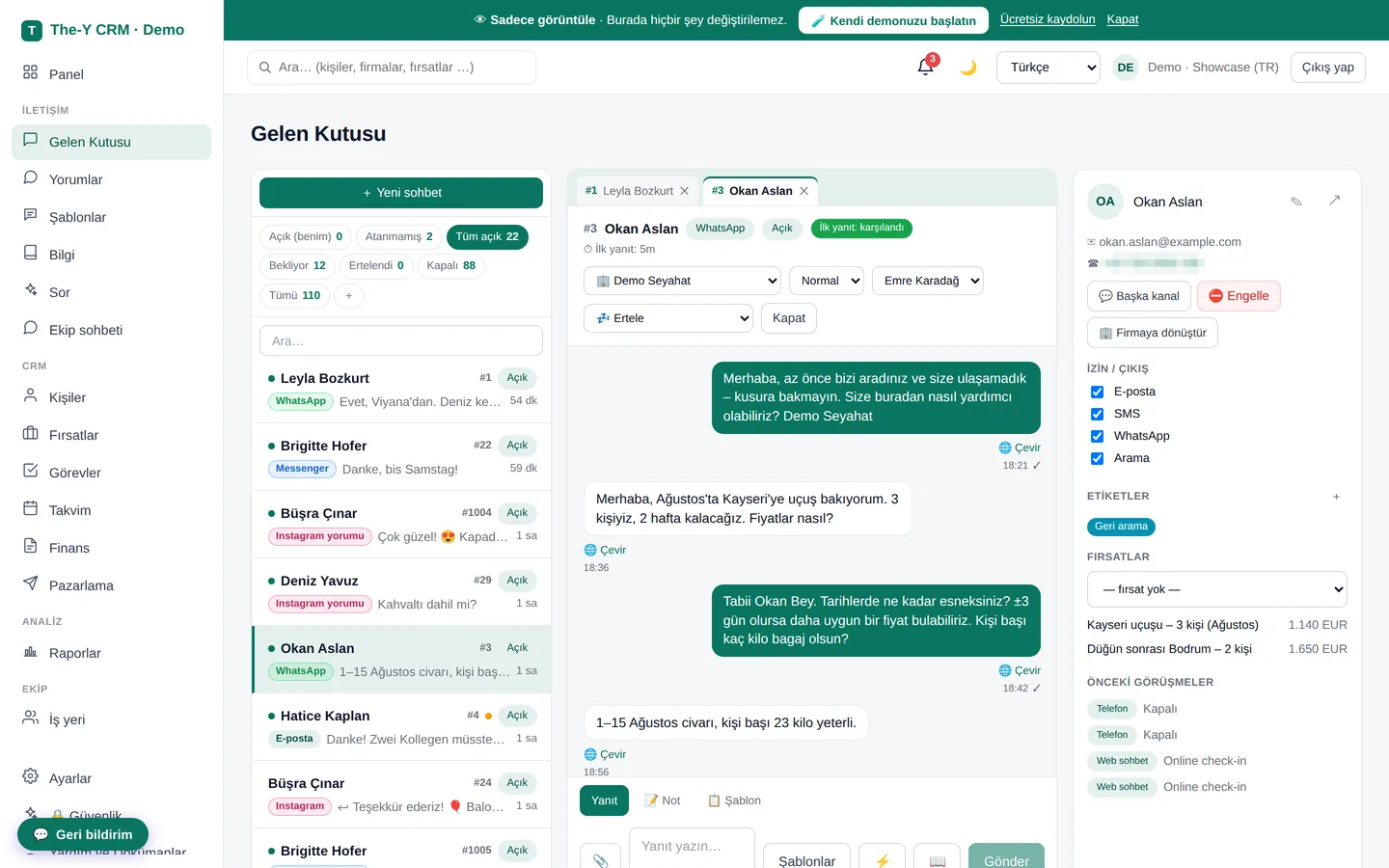 Türkçe arayüz ve örnek verilerle The-Y CRM gelen kutusu: cevapsız bir aramadan sonra Okan Aslan'a WhatsApp'tan gönderilen mesaj, müşterinin Kayseri uçuşu hakkındaki cevabı ve sağda e-posta, SMS, WhatsApp ve arama izinleri