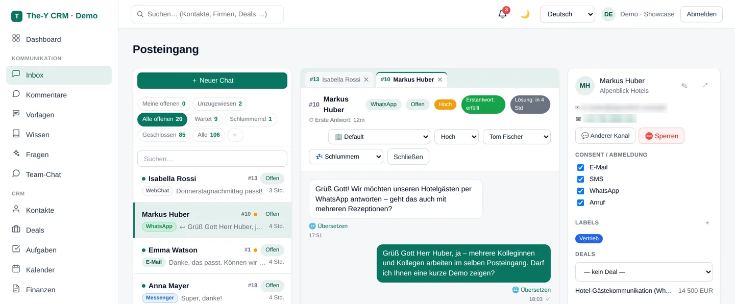Screenshot: Posteingang von The-Y CRM mit Beispieldaten