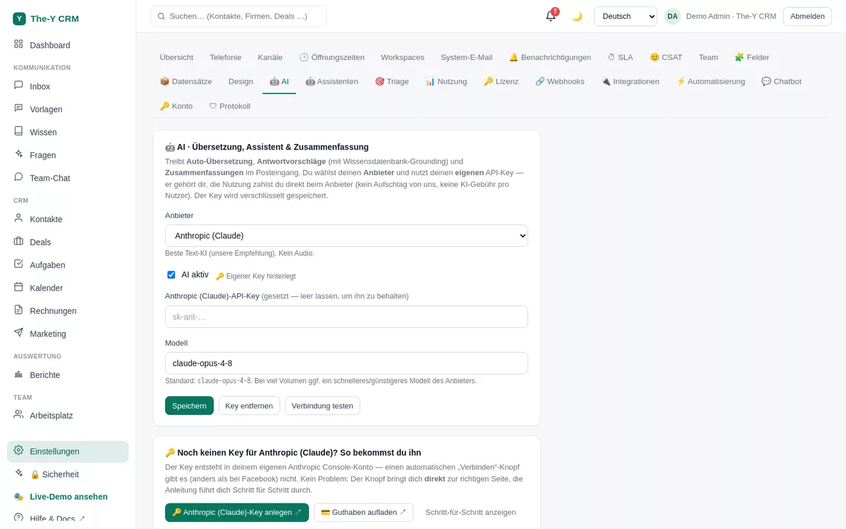 Einstellungen → KI in The-Y CRM