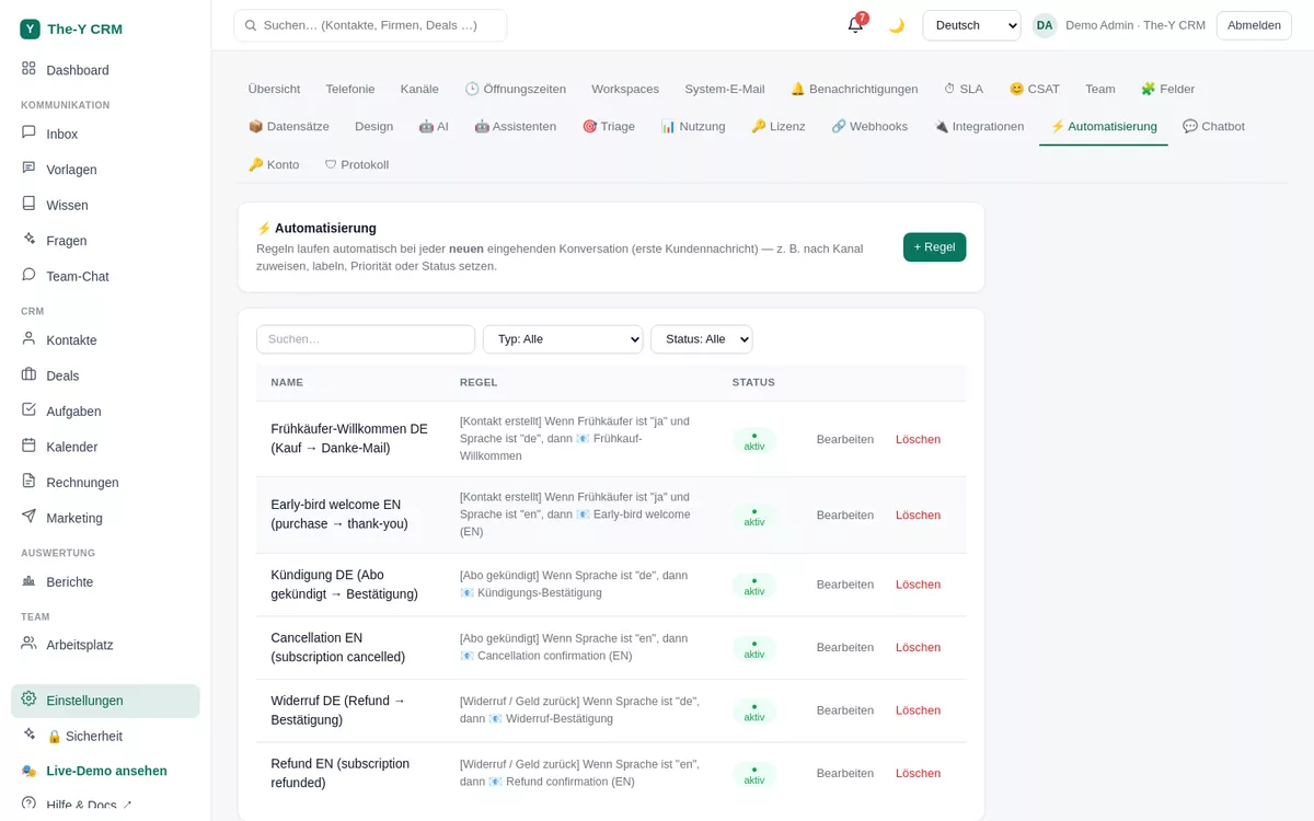Einstellungen → Automatisierung in The-Y CRM
