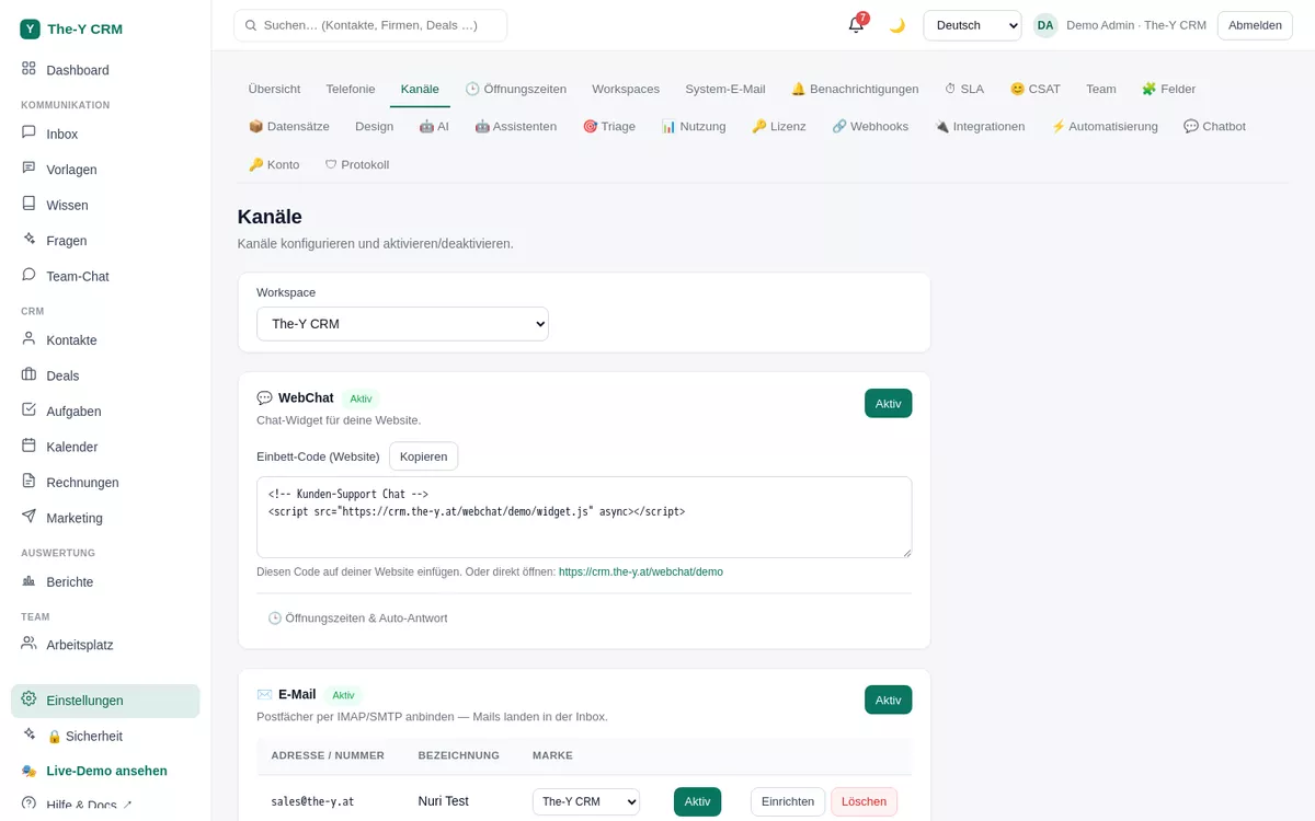 Einstellungen → Kanäle in The-Y CRM